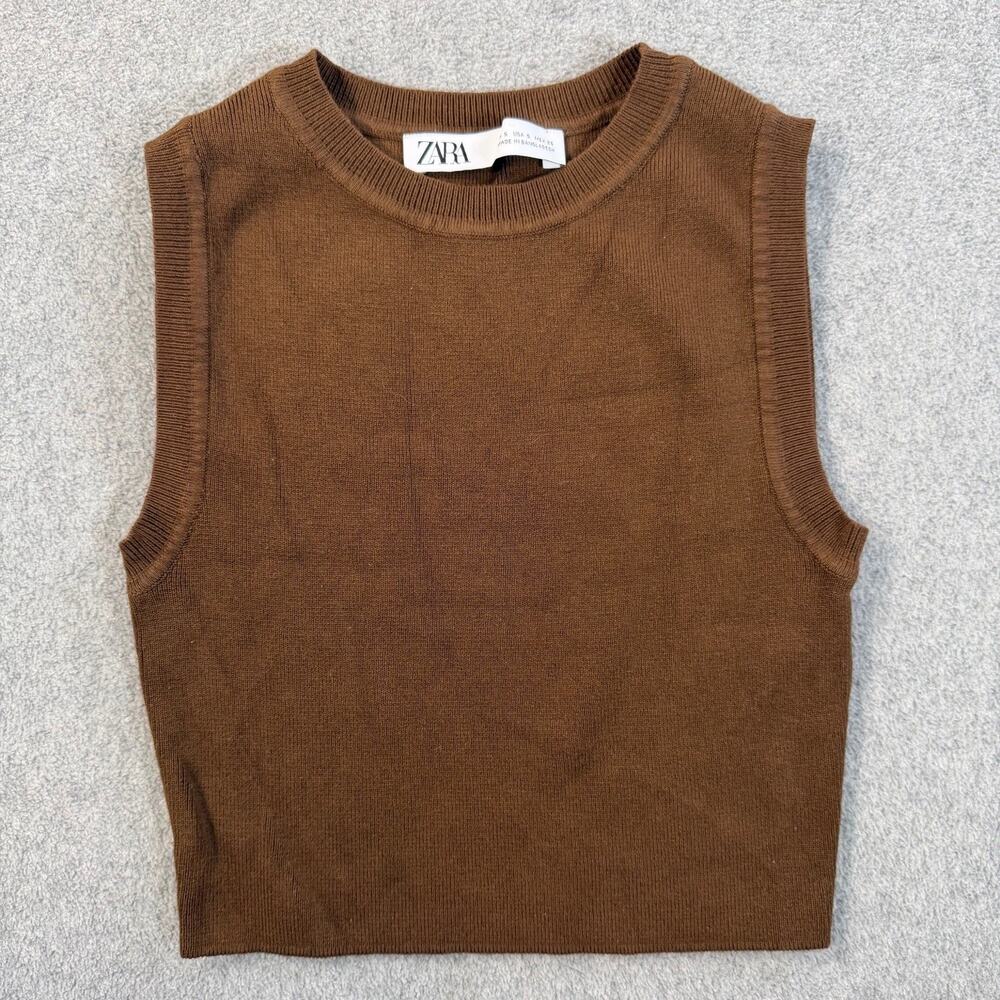 ZARA Women's Small Brown Knit Sweater Vest Top Sleeveless Crew Neck Cropped
